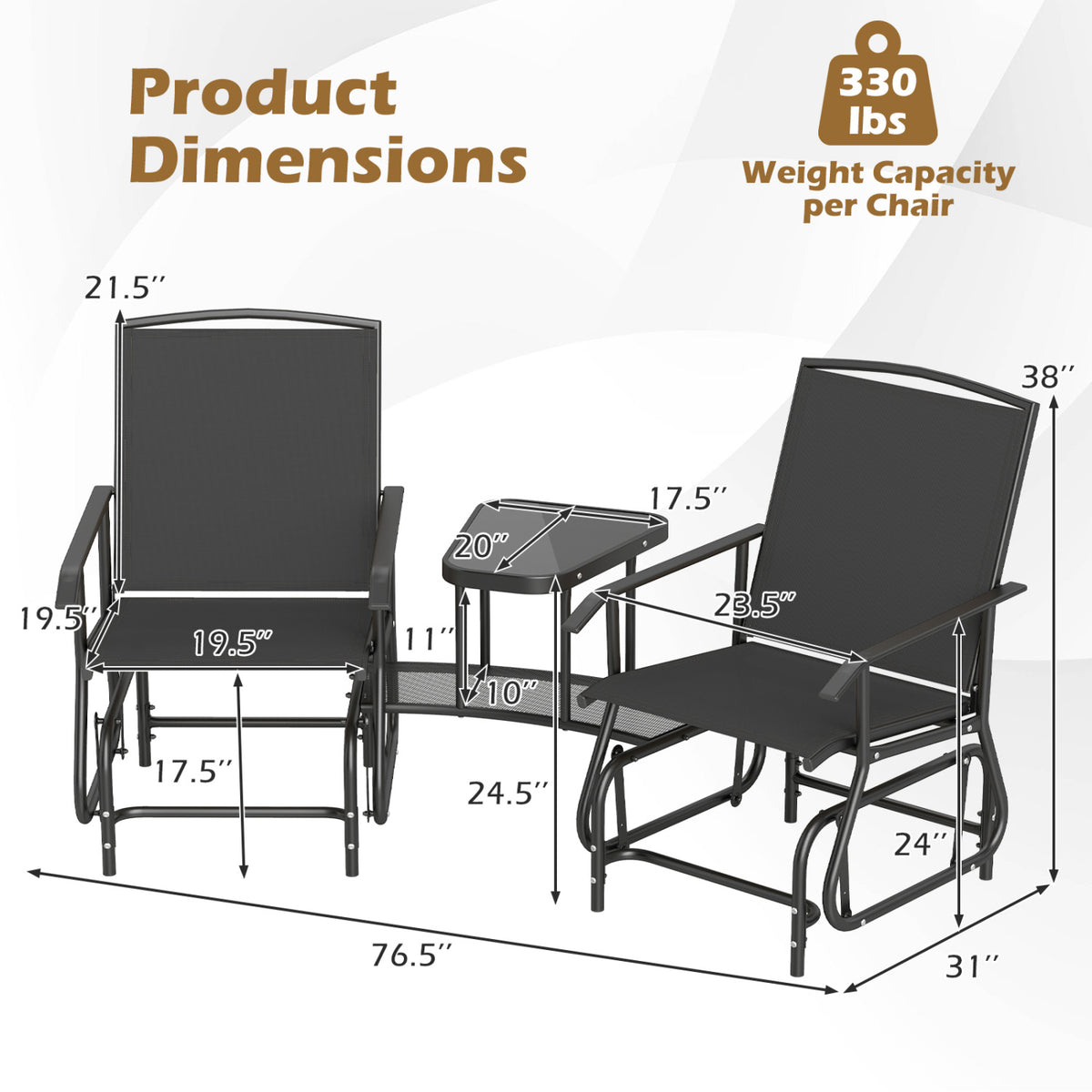 2-Seater Outdoor Glider Bench with 2-Tier Center Table-Black view 5