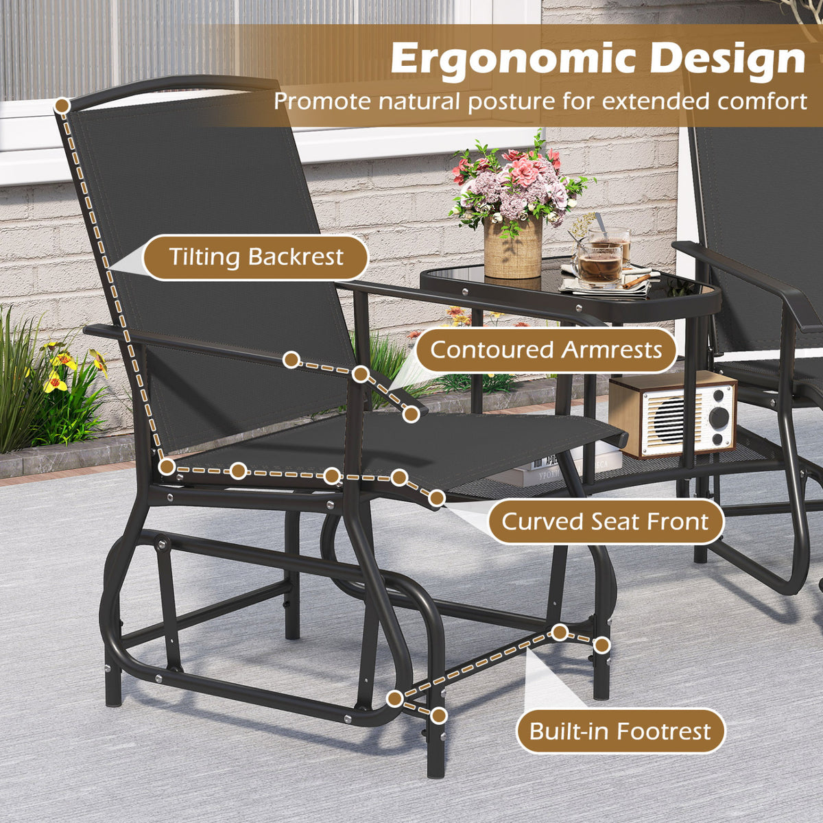 2-Seater Outdoor Glider Bench with 2-Tier Center Table-Black view 7