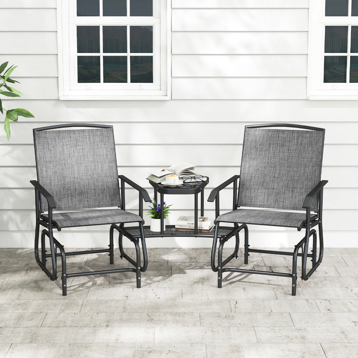 2-Seater Outdoor Glider Bench with 2-Tier Center Table-Gray view 2