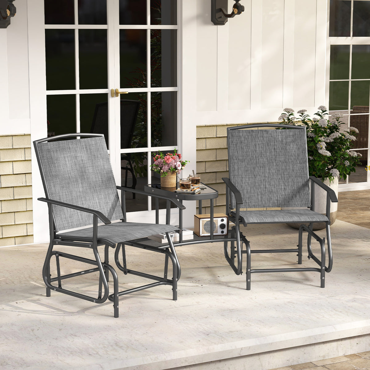2-Seater Outdoor Glider Bench with 2-Tier Center Table-Gray view 3