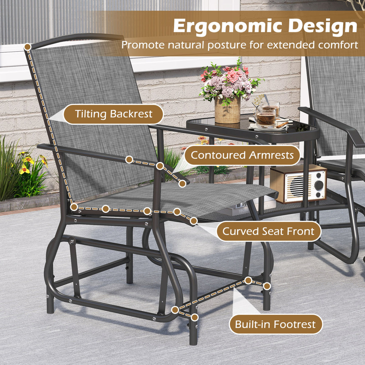 2-Seater Outdoor Glider Bench with 2-Tier Center Table-Gray view 7