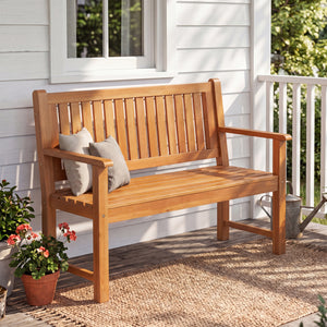 2-Seater Outdoor Wooden Bench with Backrest and Armrests-Natural view 2