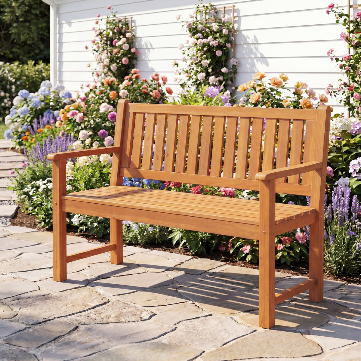 2-Seater Outdoor Wooden Bench with Backrest and Armrests-Natural view 3