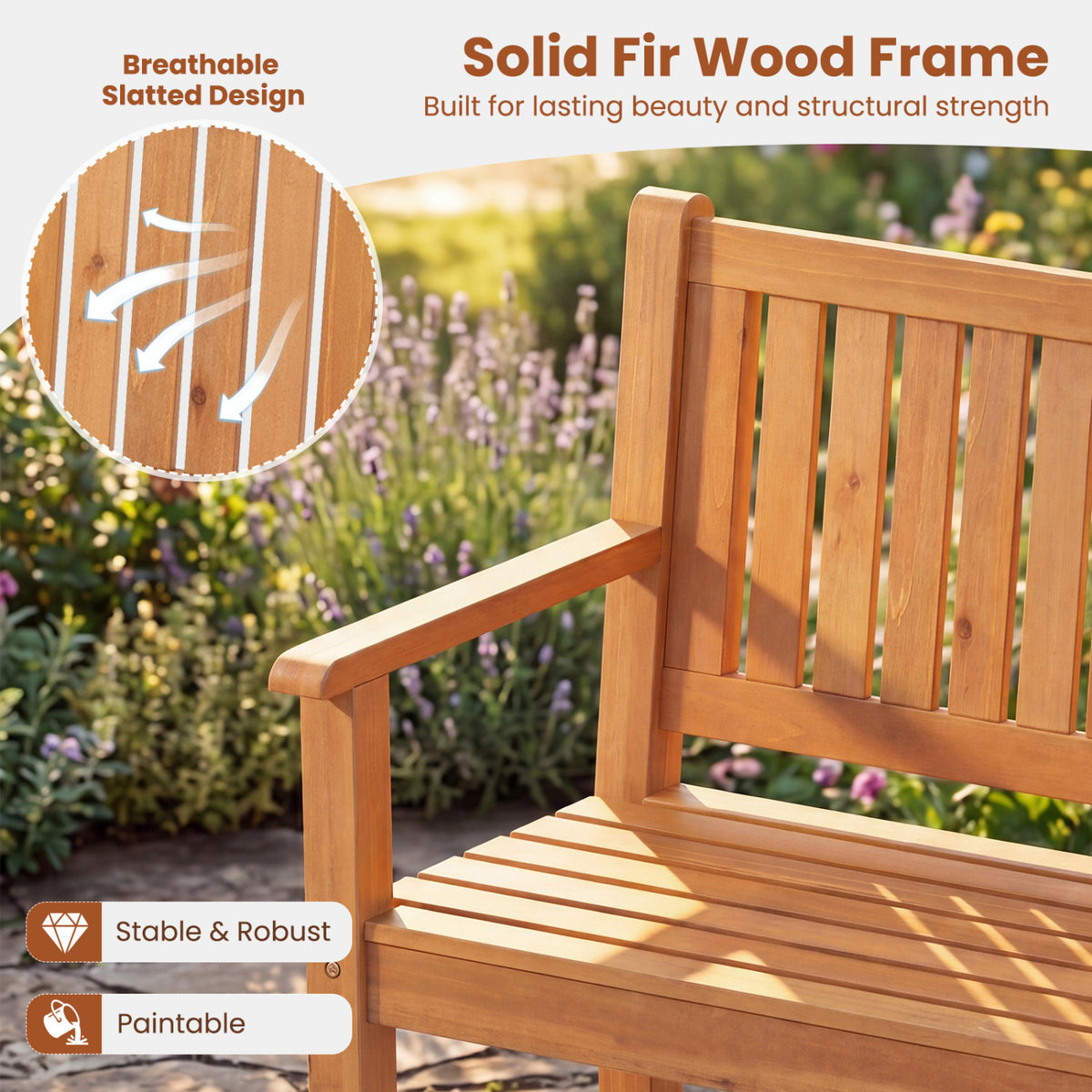 2-Seater Outdoor Wooden Bench with Backrest and Armrests-Natural view 8
