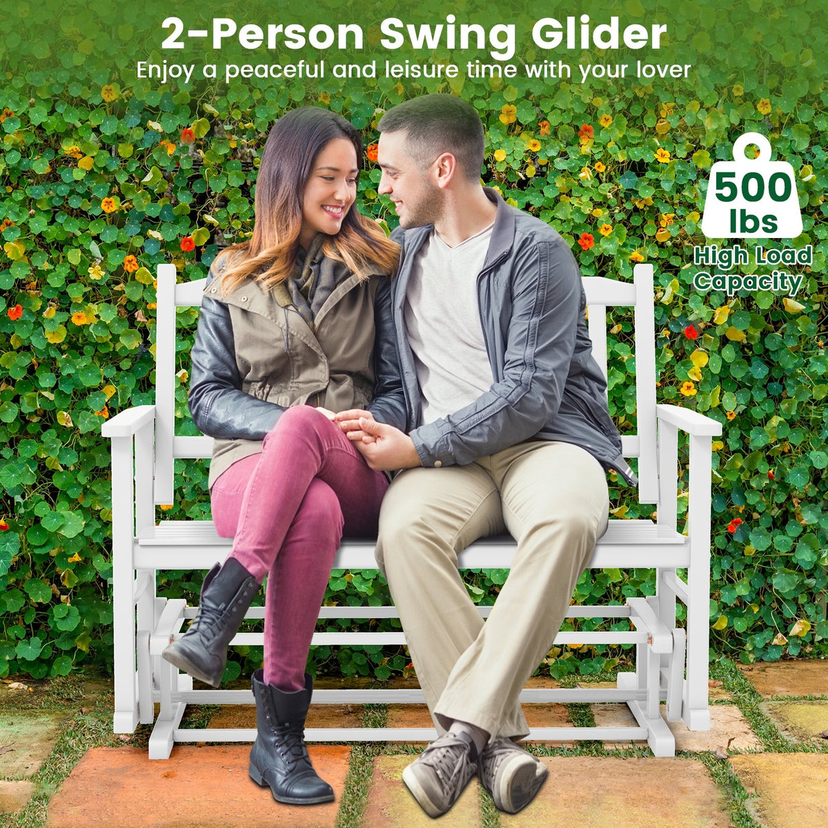 2 Seats Outdoor Glider Bench with Armrests and Slatted Seat-White view 8