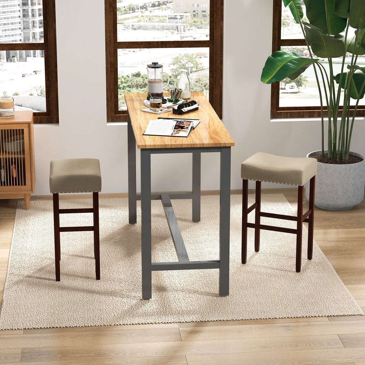 2 Set of 29 Inch Height Upholstered Bar Stool with Solid Rubber Wood Legs and Footrest-Beige view 2