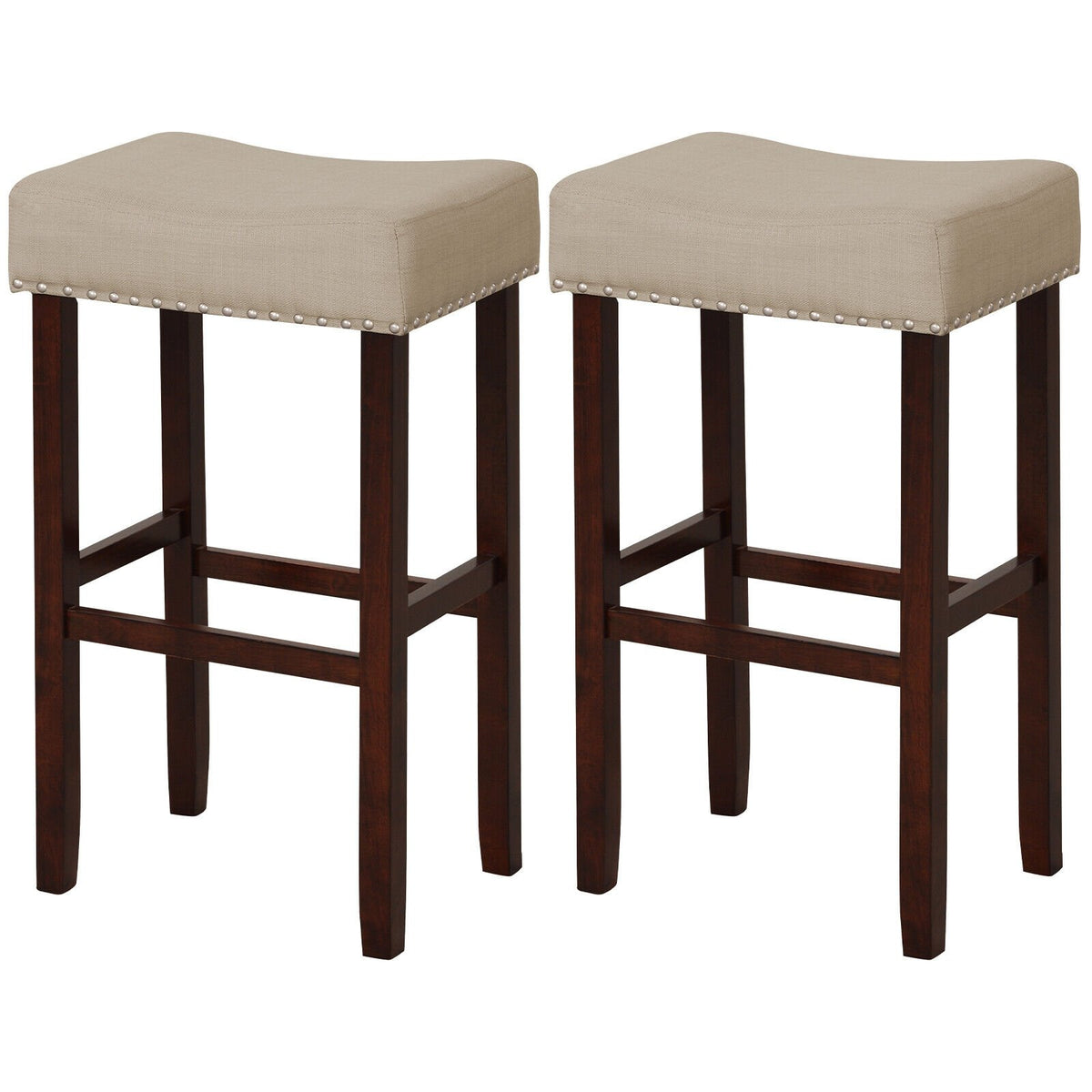 2 Set of 29 Inch Height Upholstered Bar Stool with Solid Rubber Wood Legs and Footrest-Beige view 4