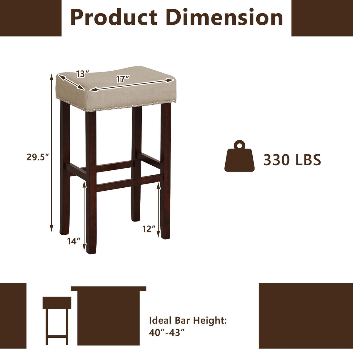 2 Set of 29 Inch Height Upholstered Bar Stool with Solid Rubber Wood Legs and Footrest-Beige view 5