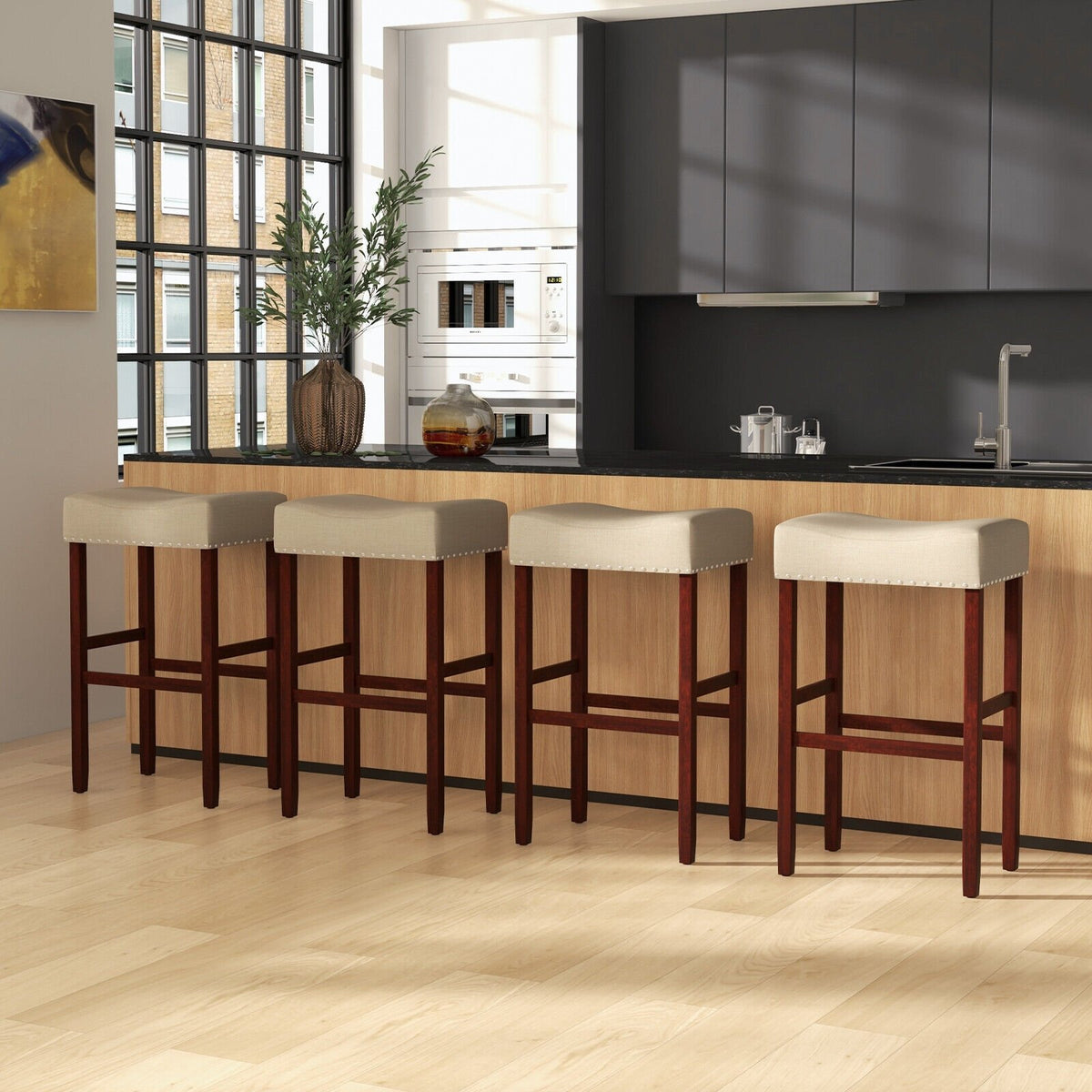 2 Set of 29 Inch Height Upholstered Bar Stool with Solid Rubber Wood Legs and Footrest-Beige view 6