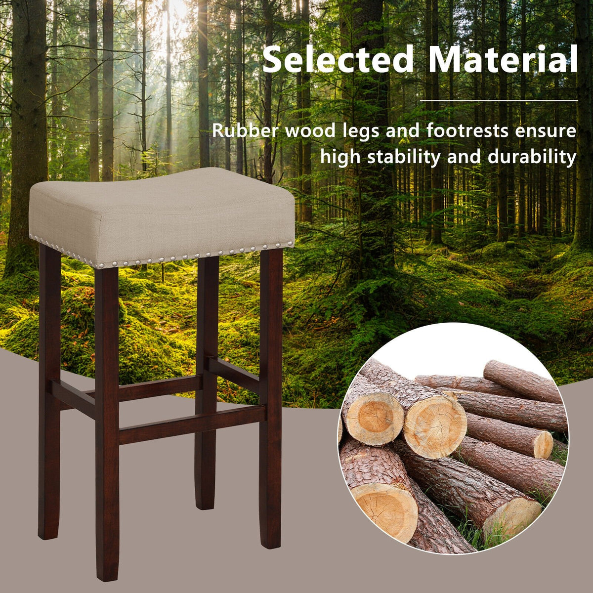 2 Set of 29 Inch Height Upholstered Bar Stool with Solid Rubber Wood Legs and Footrest-Beige view 7