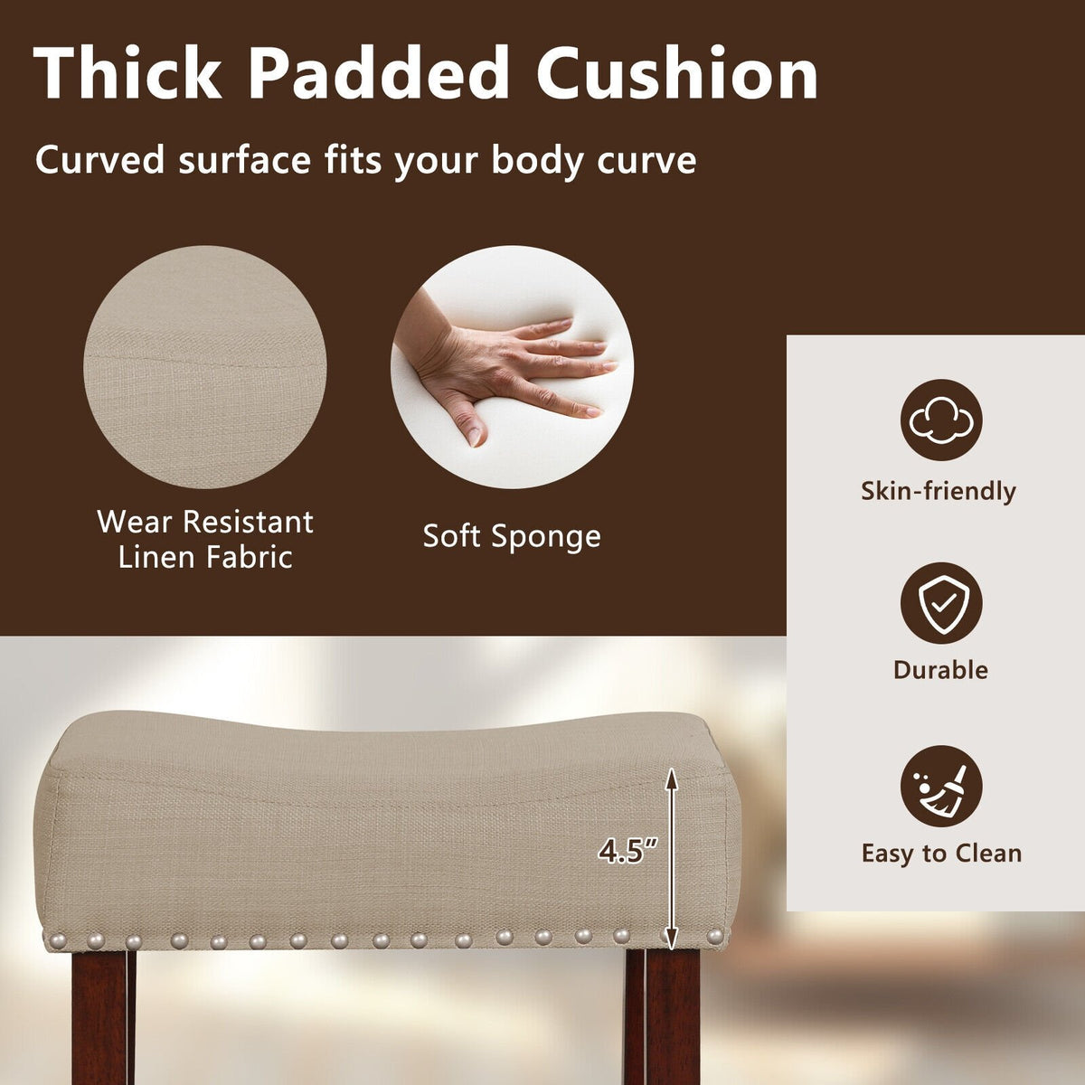 2 Set of 29 Inch Height Upholstered Bar Stool with Solid Rubber Wood Legs and Footrest-Beige view 8