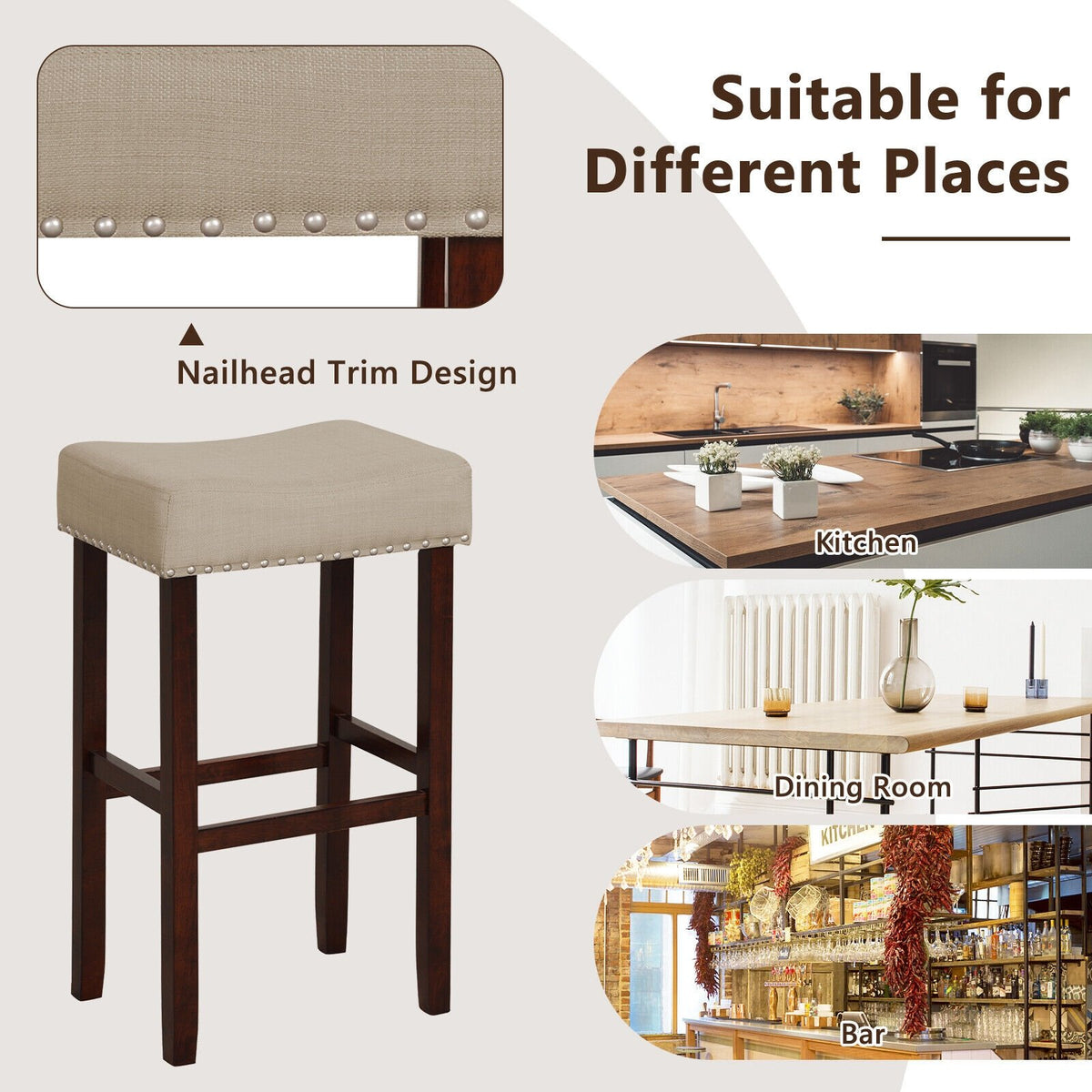 2 Set of 29 Inch Height Upholstered Bar Stool with Solid Rubber Wood Legs and Footrest-Beige view 9