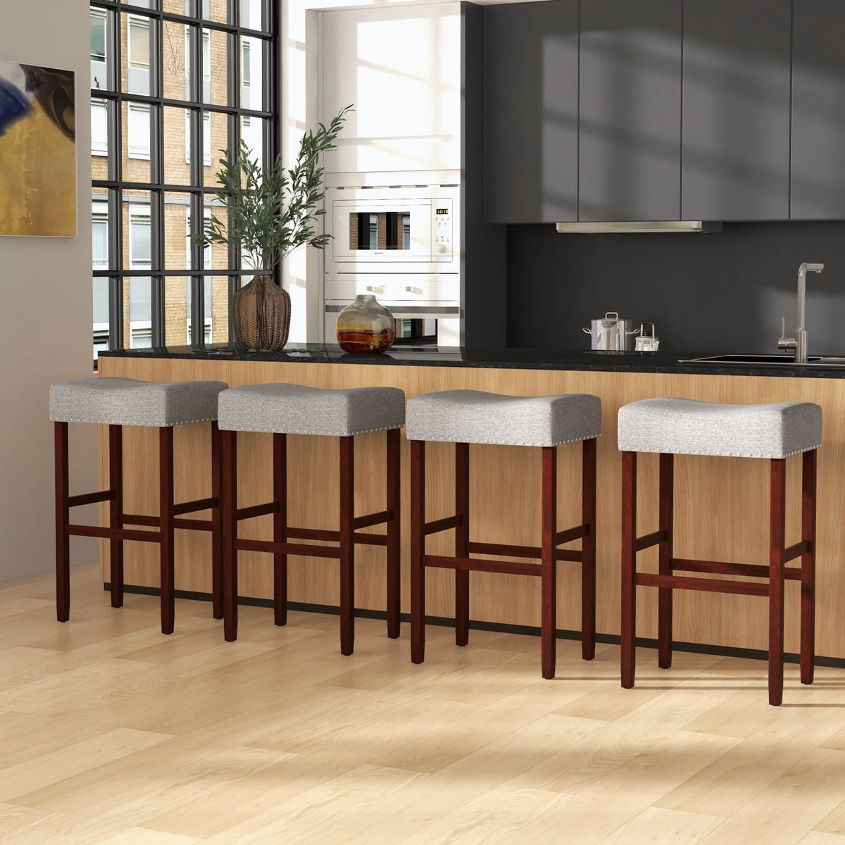 29 Inch Set of 2 Height Upholstered Bar Stool with Solid Rubber Wood Legs and Footrest-Gray view 2
