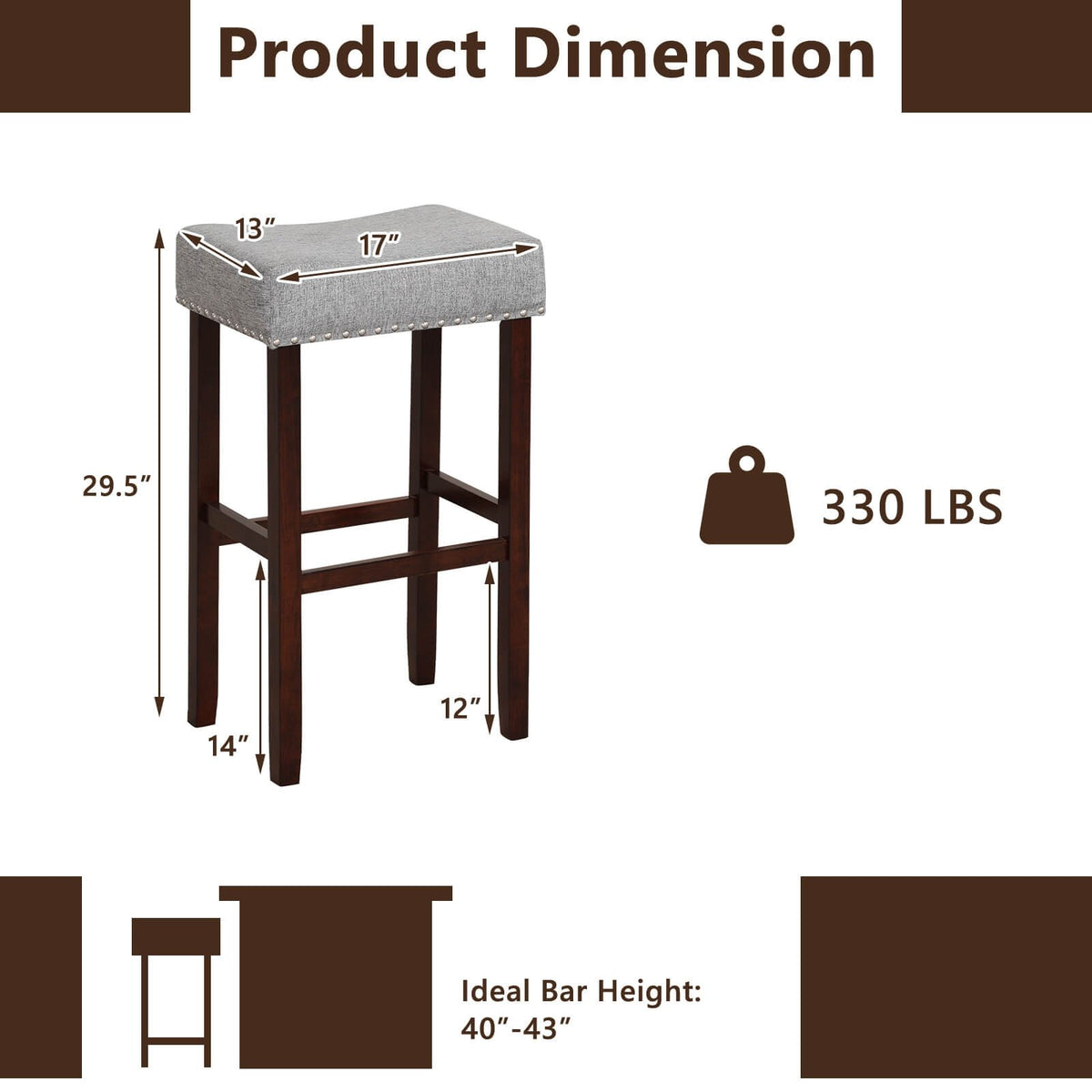 29 Inch Set of 2 Height Upholstered Bar Stool with Solid Rubber Wood Legs and Footrest-Gray view 5