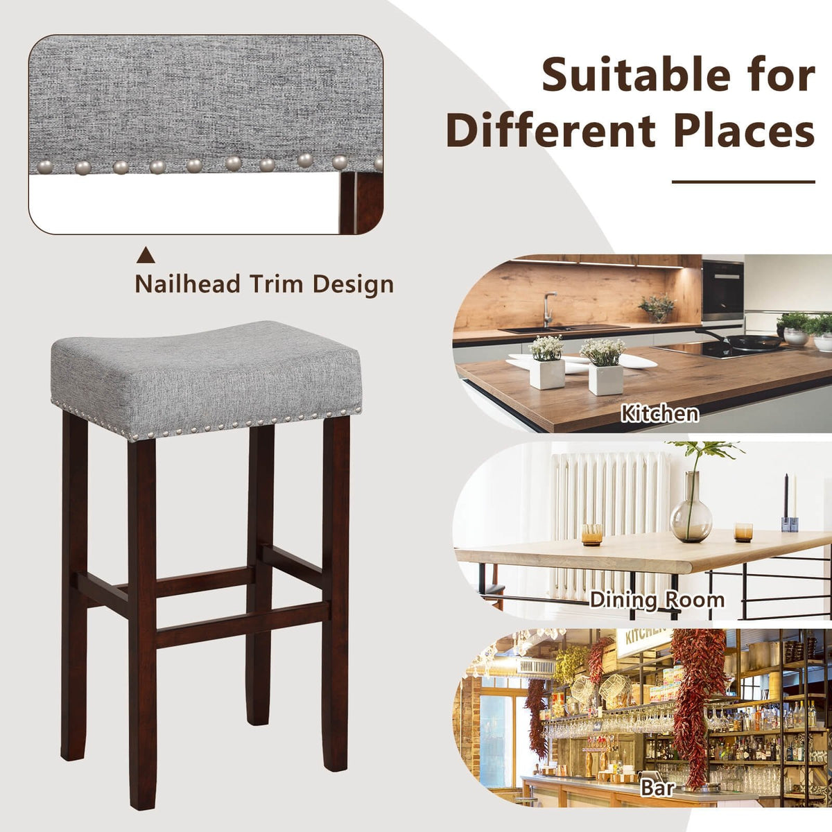 29 Inch Set of 2 Height Upholstered Bar Stool with Solid Rubber Wood Legs and Footrest-Gray view 8