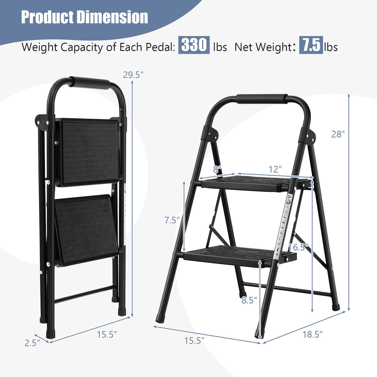2-Step/3-Step Ladder with Wide Anti-Slip Pedal-2-Step view 5