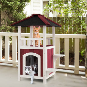 2-Story Wooden Cat House with Asphalt Roof Balcony and Rain Curtain-Red & White view 2