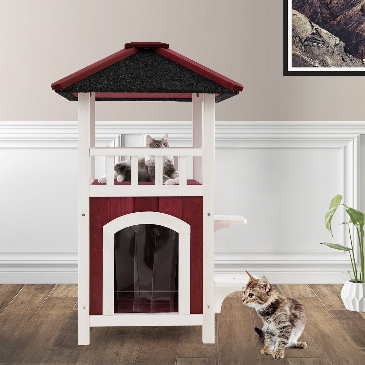2-Story Wooden Cat House with Asphalt Roof Balcony and Rain Curtain-Red & White view 3