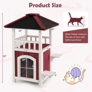 2-Story Wooden Cat House with Asphalt Roof Balcony and Rain Curtain-Red & White view 4