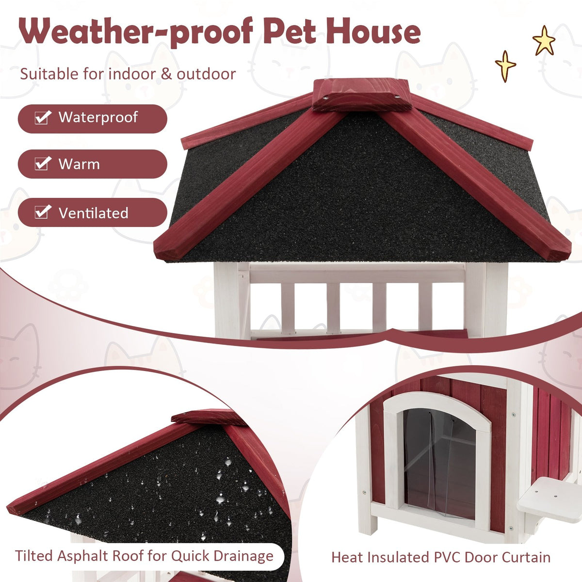 2-Story Wooden Cat House with Asphalt Roof Balcony and Rain Curtain-Red & White view 7