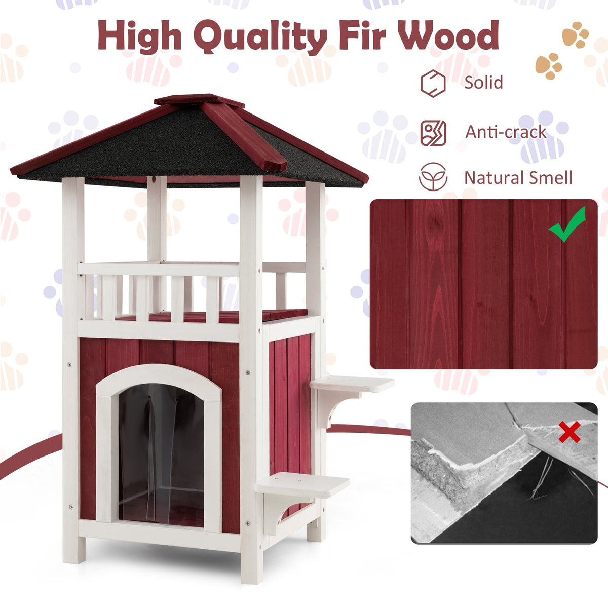 2-Story Wooden Cat House with Asphalt Roof Balcony and Rain Curtain-Red & White view 8