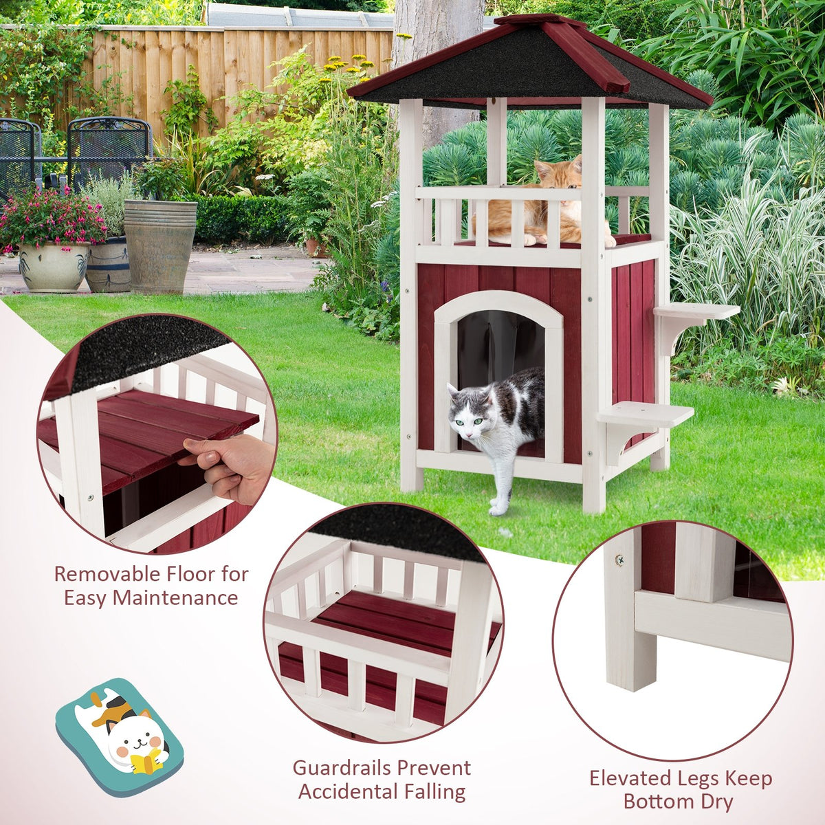 2-Story Wooden Cat House with Asphalt Roof Balcony and Rain Curtain-Red & White view 9