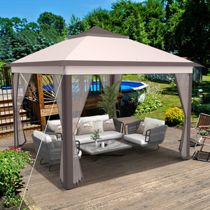 2-Tier 11 x 11 Feet Pop-Up Gazebo Tent Portable Canopy Shelter Carry Bag Mesh-Beige view 2