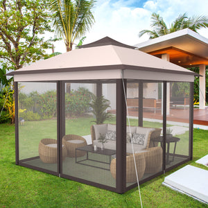 2-Tier 11 x 11 Feet Pop-Up Gazebo Tent Portable Canopy Shelter Carry Bag Mesh-Beige view 3