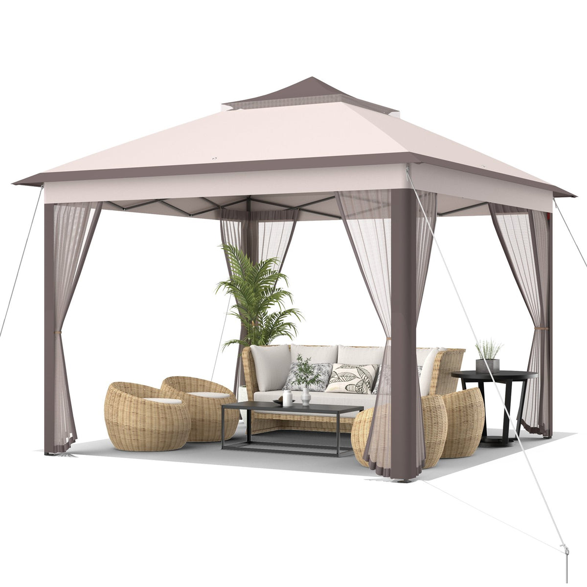 2-Tier 11 x 11 Feet Pop-Up Gazebo Tent Portable Canopy Shelter Carry Bag Mesh-Beige view 4