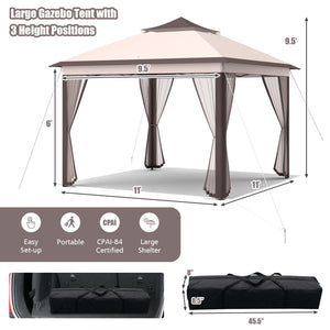 2-Tier 11 x 11 Feet Pop-Up Gazebo Tent Portable Canopy Shelter Carry Bag Mesh-Beige view 5