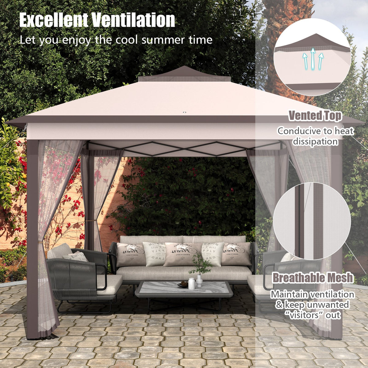 2-Tier 11 x 11 Feet Pop-Up Gazebo Tent Portable Canopy Shelter Carry Bag Mesh-Beige view 7