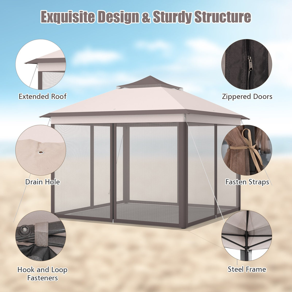 2-Tier 11 x 11 Feet Pop-Up Gazebo Tent Portable Canopy Shelter Carry Bag Mesh-Beige view 8