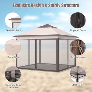2-Tier 11 x 11 Feet Pop-Up Gazebo Tent Portable Canopy Shelter Carry Bag Mesh-Beige view 8