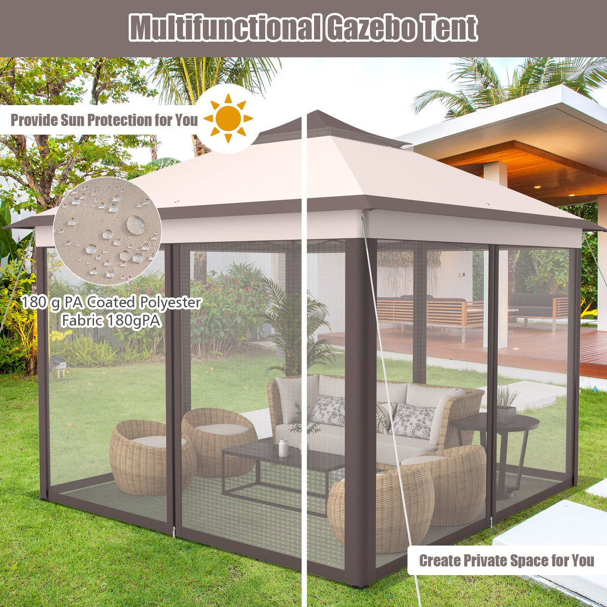 2-Tier 11 x 11 Feet Pop-Up Gazebo Tent Portable Canopy Shelter Carry Bag Mesh-Beige view 9