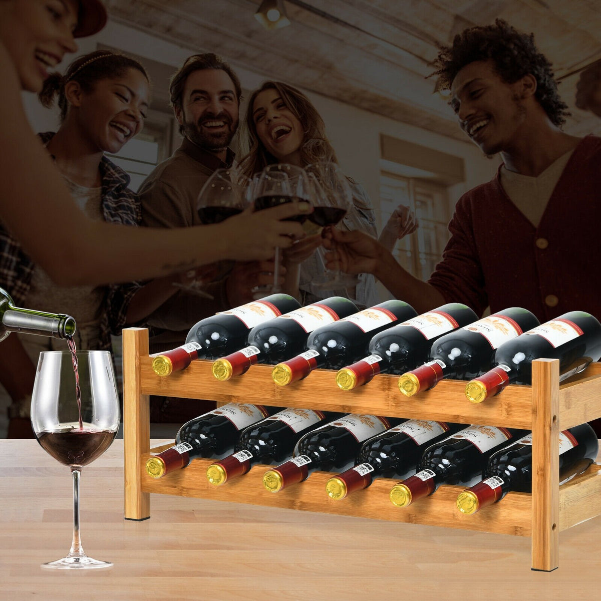2-Tier 12 Bottles Bamboo Storage Shelf, Wine Rack-Natural view 3