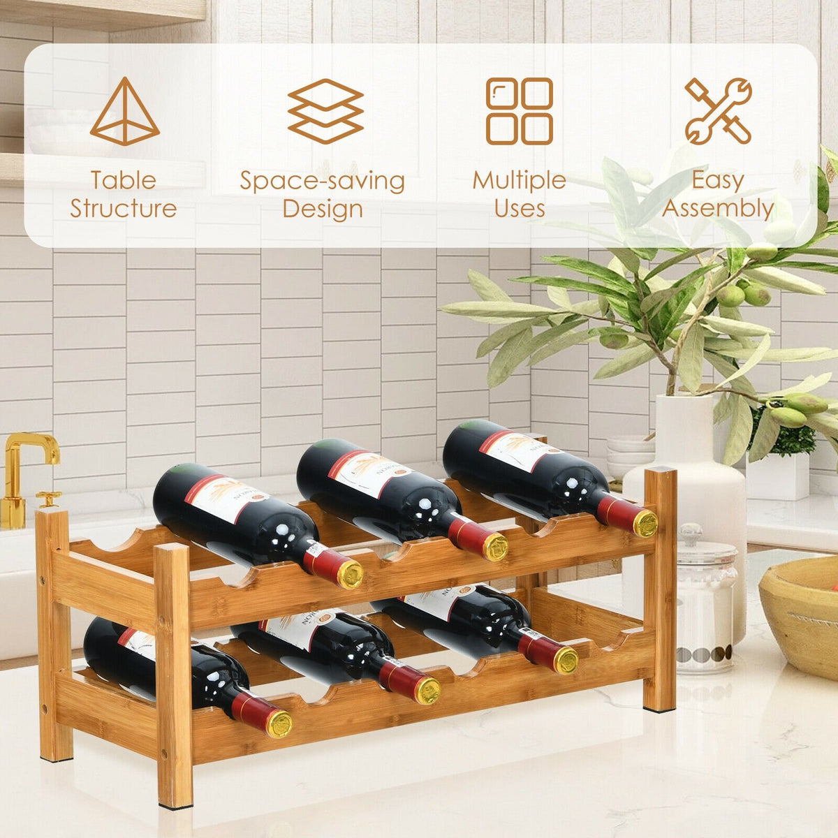2-Tier 12 Bottles Bamboo Storage Shelf, Wine Rack-Natural view 6