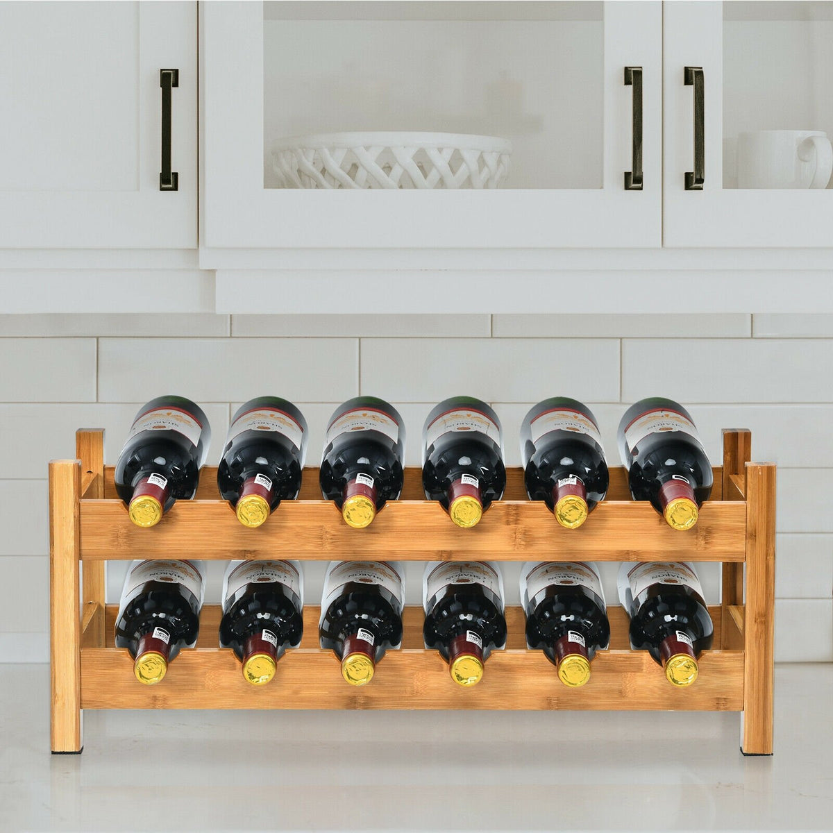 2-Tier 12 Bottles Bamboo Storage Shelf, Wine Rack-Natural view 8