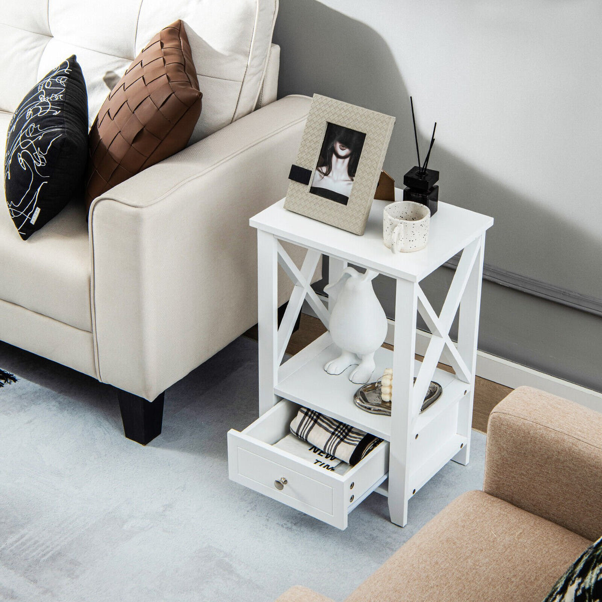 2-Tier 16 x 14 Inch Multifunctional Nightstand with Storage Drawer-White view 2