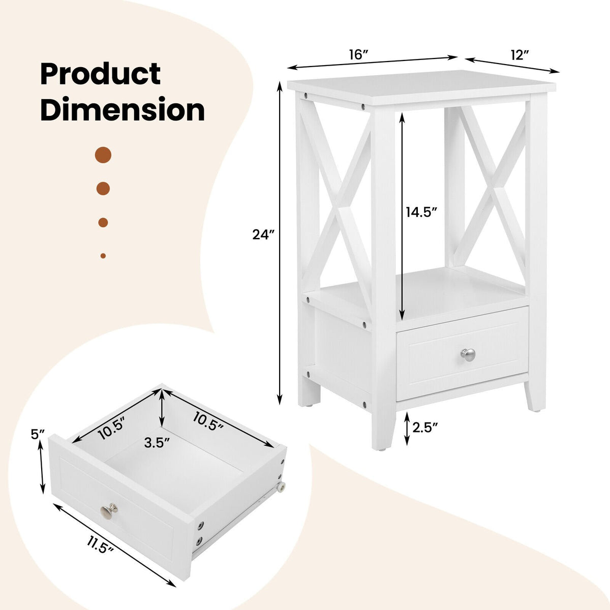 2-Tier 16 x 14 Inch Multifunctional Nightstand with Storage Drawer-White view 4
