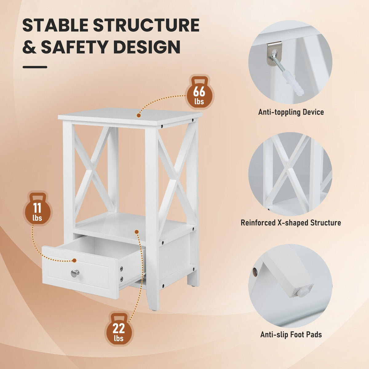 2-Tier 16 x 14 Inch Multifunctional Nightstand with Storage Drawer-White view 5
