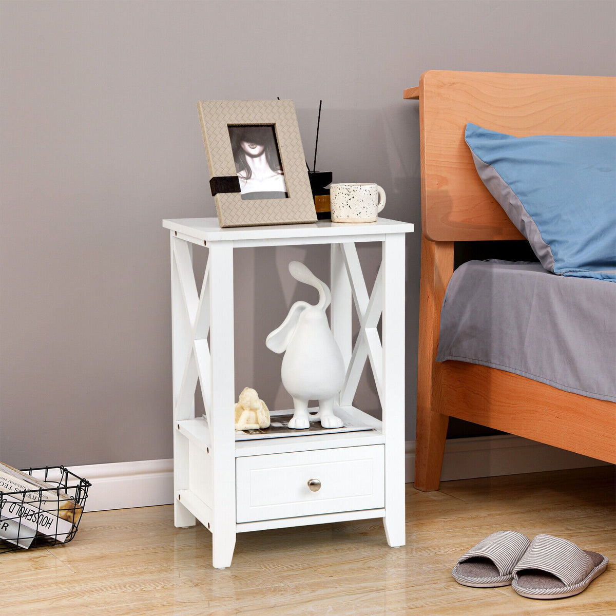 2-Tier 16 x 14 Inch Multifunctional Nightstand with Storage Drawer-White view 6