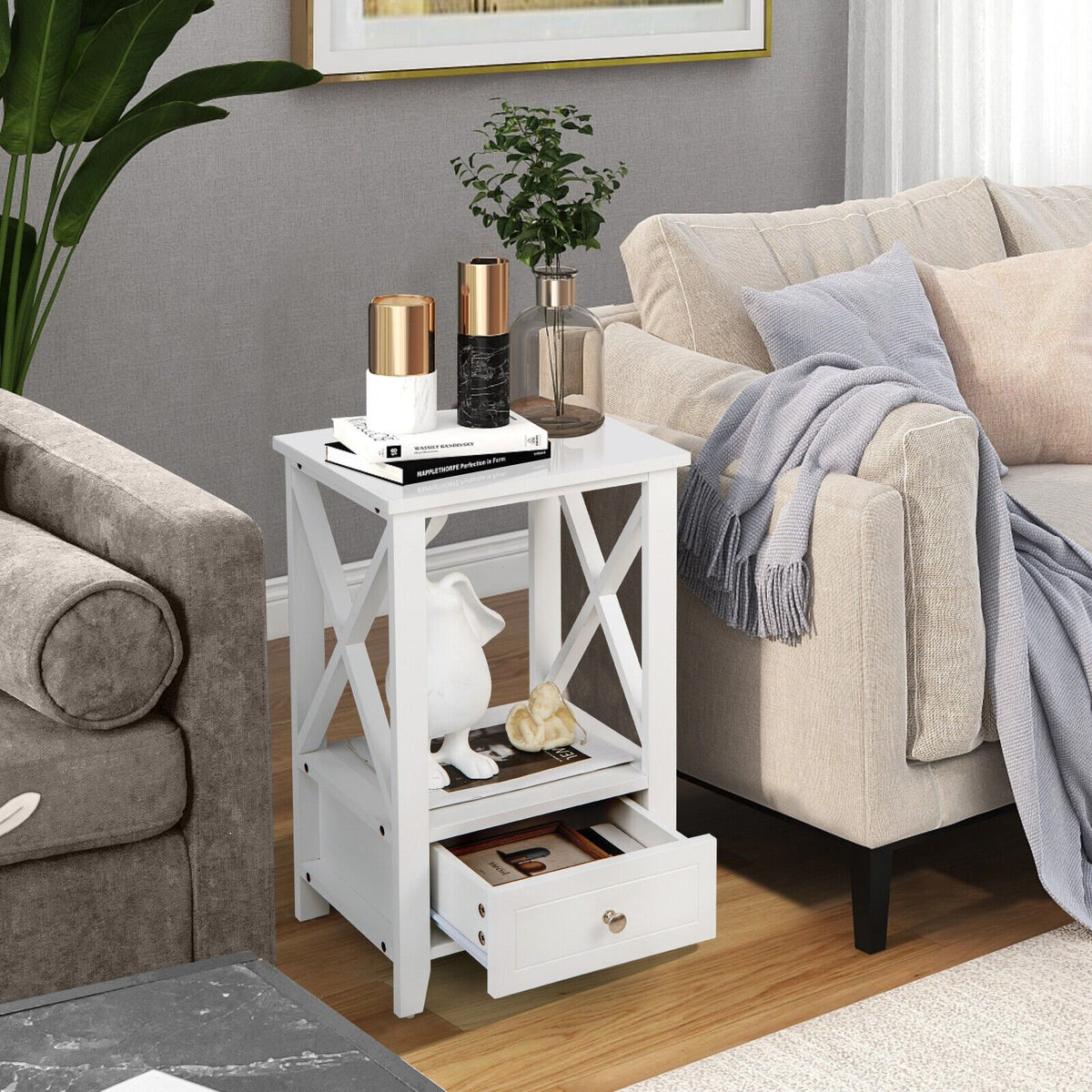 2-Tier 16 x 14 Inch Multifunctional Nightstand with Storage Drawer-White view 7