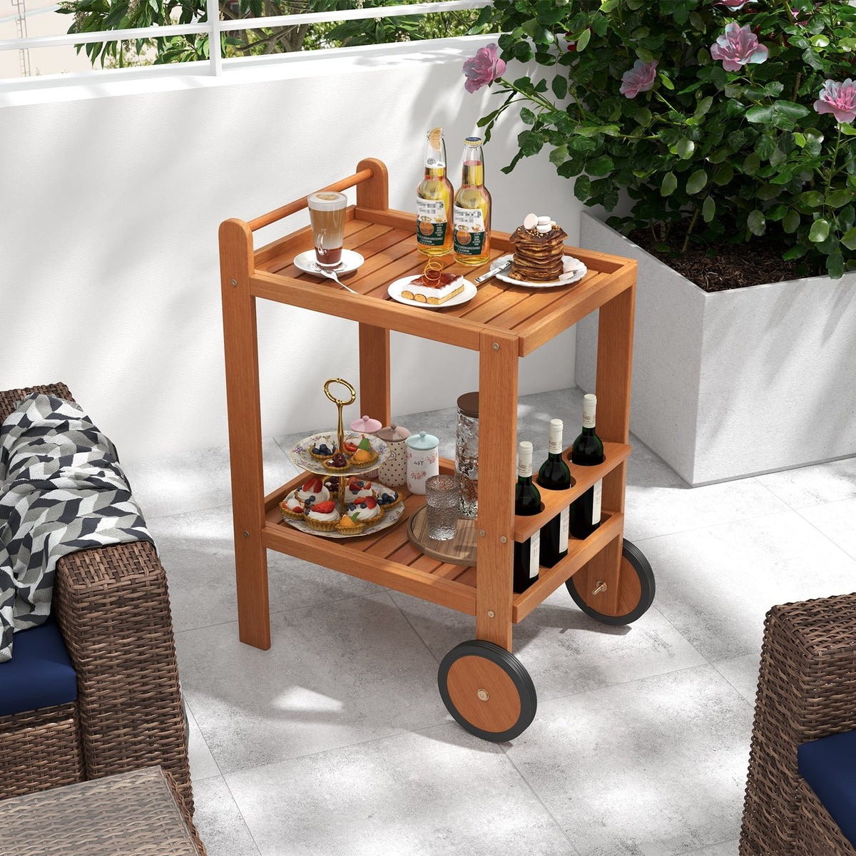 2 Tier Rolling Serving Cart with Wine Bottle Holders and 2 Rubber Wheels view 2