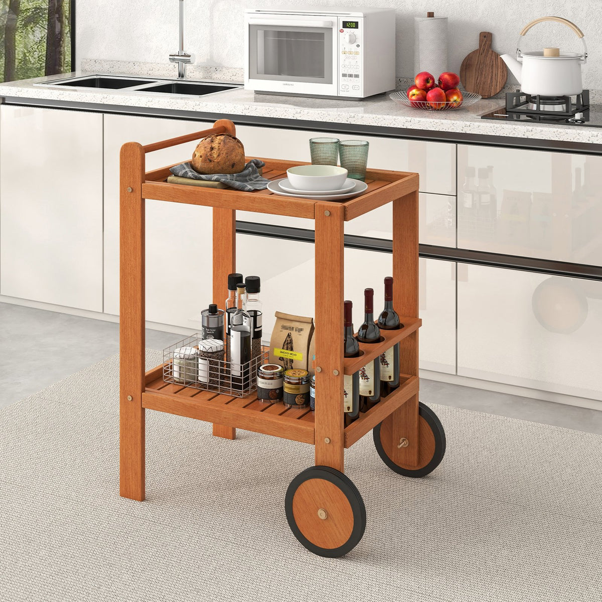 2 Tier Rolling Serving Cart with Wine Bottle Holders and 2 Rubber Wheels view 3