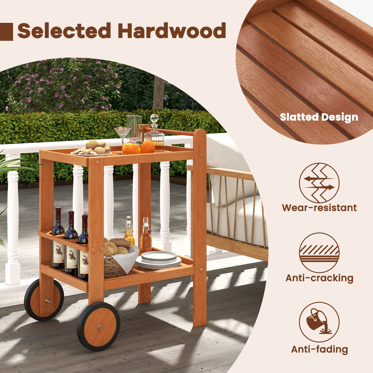 2 Tier Rolling Serving Cart with Wine Bottle Holders and 2 Rubber Wheels view 6