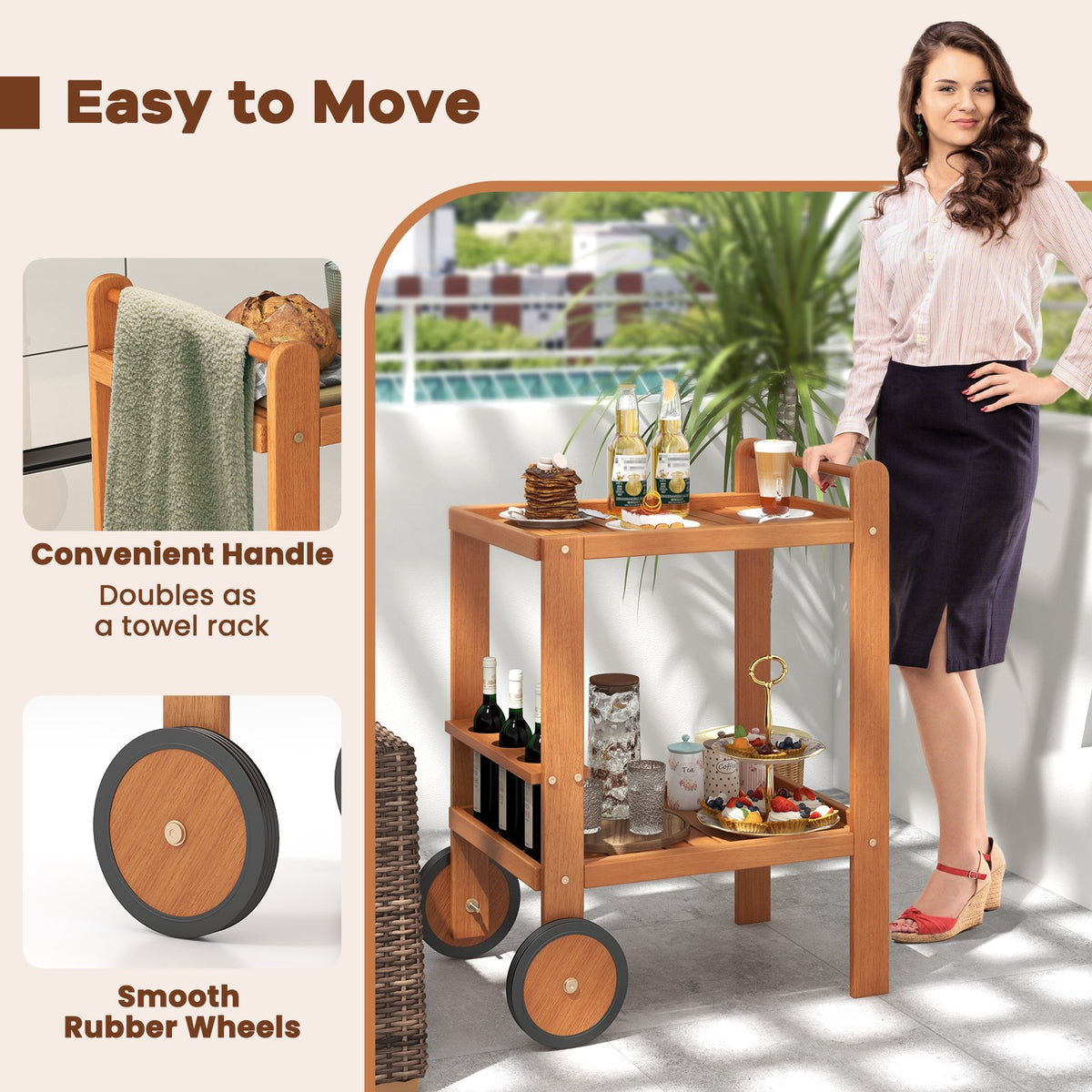 2 Tier Rolling Serving Cart with Wine Bottle Holders and 2 Rubber Wheels view 7