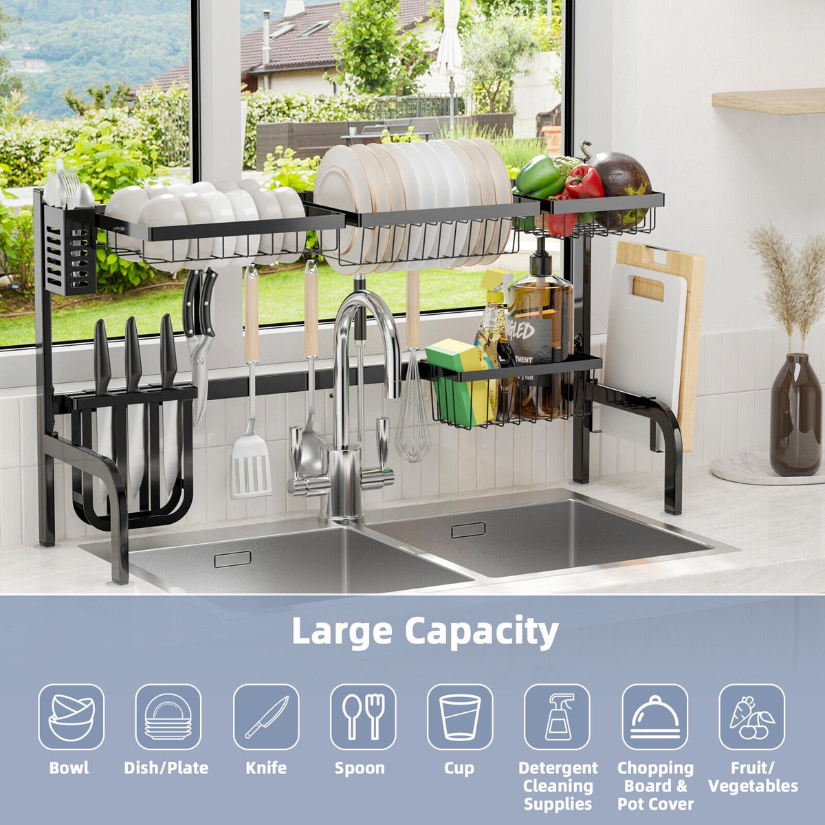 2 Tier Adjustable Over Sink Dish Drying Rack with 8 Hooks view 2
