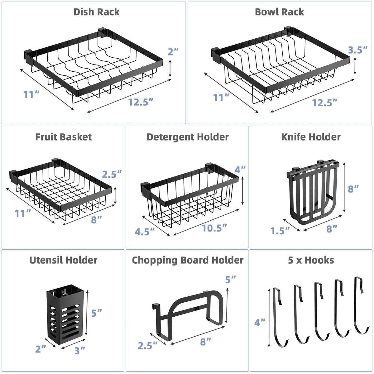2 Tier Adjustable Over Sink Dish Drying Rack with 8 Hooks view 3