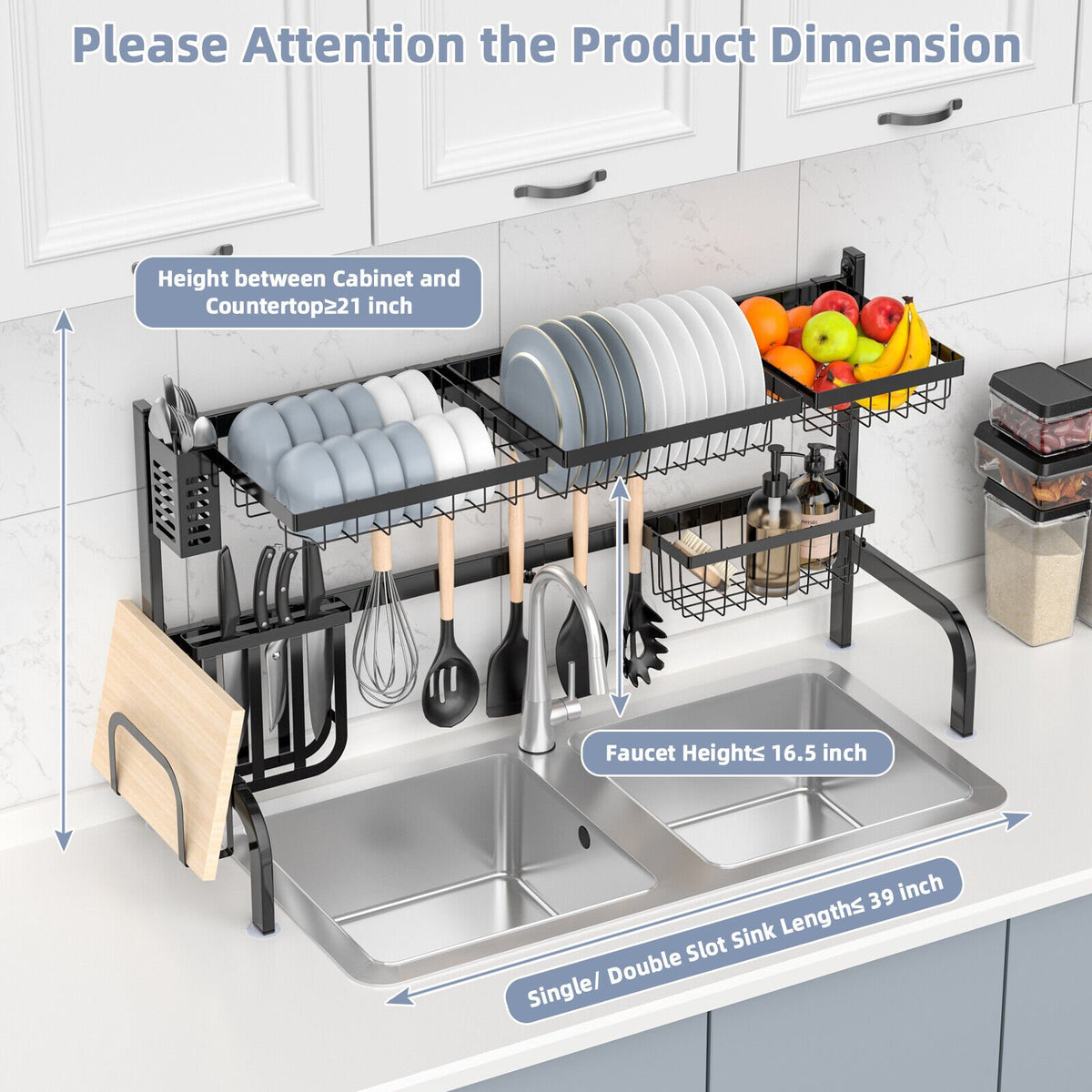 2 Tier Adjustable Over Sink Dish Drying Rack with 8 Hooks view 6