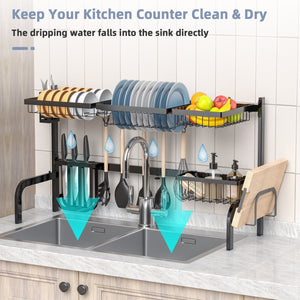 2 Tier Adjustable Over Sink Dish Drying Rack with 8 Hooks view 7